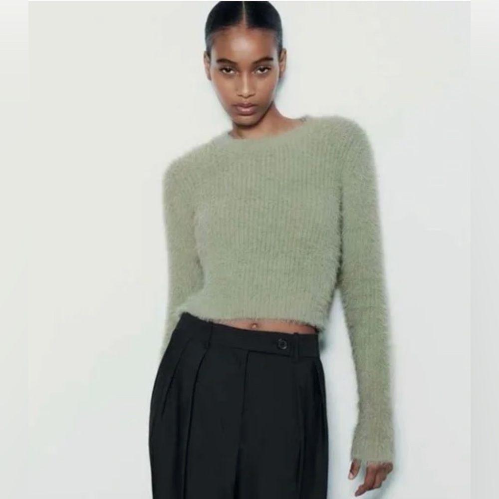 Worn Once Zara Fuzzy Sage Green Cropped Sweater Size Medium